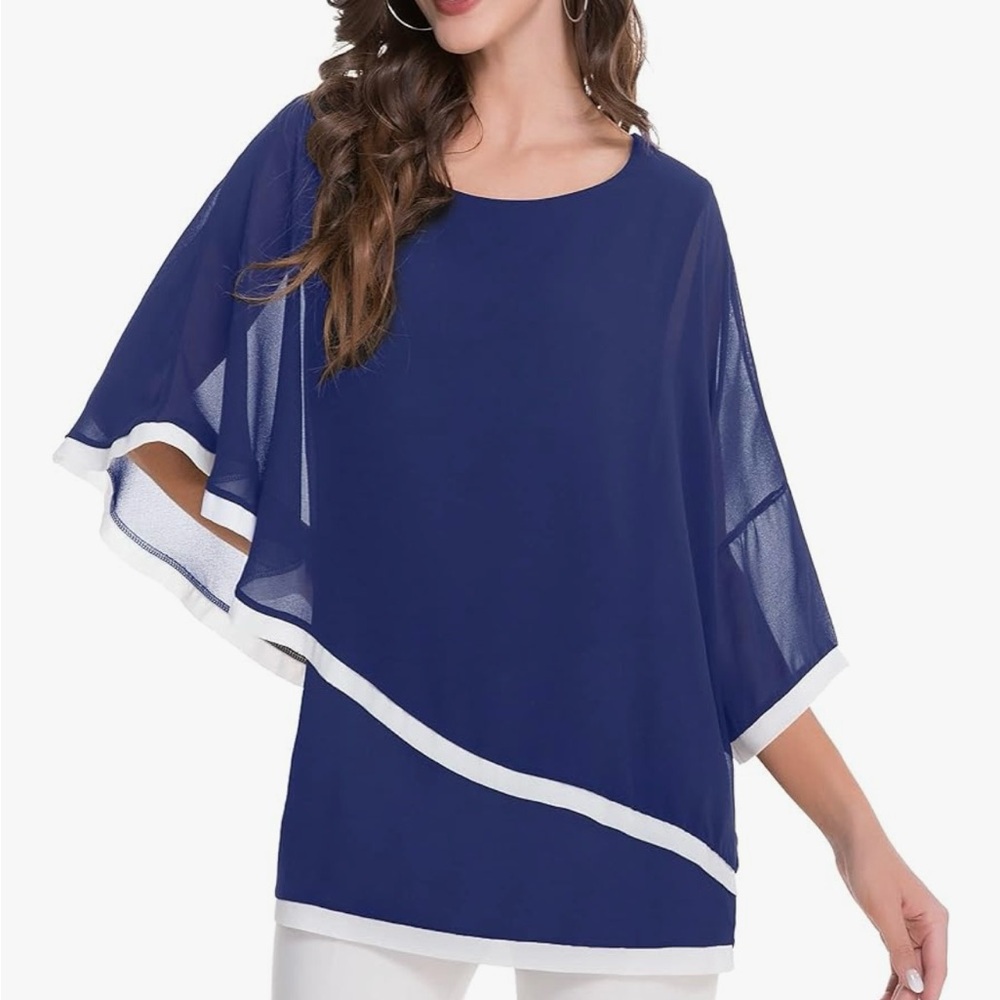 Elegant Blue Sheer Blouse with White Trim